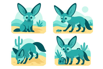 Cute desert fox characters in playful poses showcasing their unique features and habitat