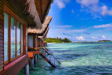 Tropical beach scenery of the Hudhuranfushi Island on Maldives.