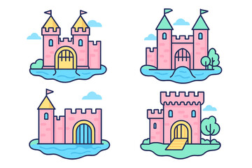 Fototapeta premium Colorful medieval castles on a bright day with flags, surrounded by water and trees, showcasing distinct designs and features