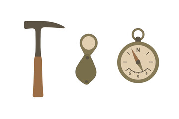Tools for adventure: hammer, compass, and pulley for exploration and construction activities
