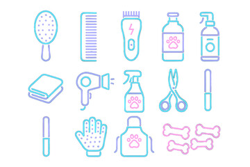 Pet grooming tools arranged in a colorful pattern showcasing essential grooming supplies for pets