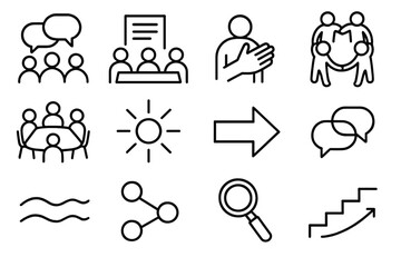 Community Dialogue Icons. Community Dialogue Support linear icon set: group bubbles, shared notes, supportive gesture, meeting table, unity circle, warm spark, guidance arrow, calm
