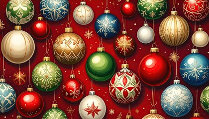 Vibrant collection of festive Christmas ornaments hanging on a red background.
