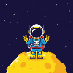 Naklejka premium A Cartoon Astronaut on the Moon Extending Peace Signs Against Starry Cosmos Backdrop