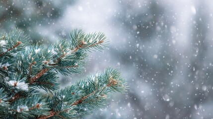 Digital art style blurred background of snow falling on pine tree branches, featuring a muted teal and gray color palette for a serene, ethereal winter nature scene.