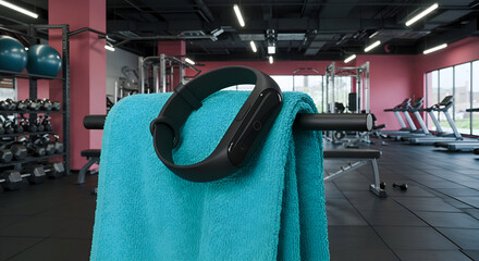 A teal exercise towel in a modern gym with a black fitness tracker resting on it. Healthy young adult female/male fitness enthusiast relaxing after a workout in a brightly lit commercial gym.