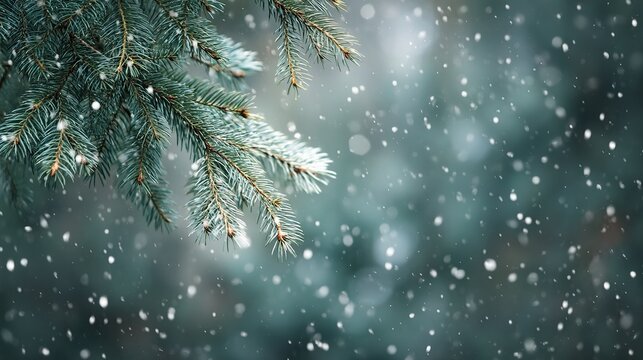Digital art style blurred background of snow falling on pine tree branches, featuring a muted teal and gray color palette for a serene, ethereal winter nature scene.