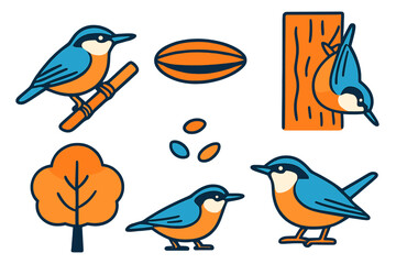 Colorful birds and nature elements displayed in a playful illustration featuring perched and foraging scenes