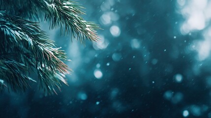 Digital art style blurred background of snow falling on pine tree branches, featuring a muted teal and gray color palette for a serene, ethereal winter nature scene.