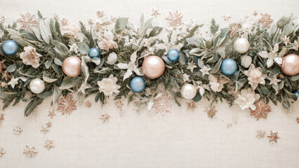 Elegant holiday garland with pastel blue, rose gold, and white ornaments, frosted greenery, and delicate winter flowers on a textured background.
