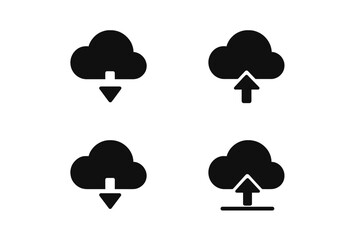 Cloud download and upload icons in simple black design for digital content sharing