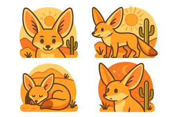 Cute desert fox illustrations featuring playful and relaxed poses in a warm sunset setting