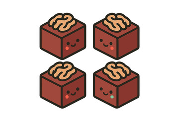 Cute cartoon chocolate squares with smiling faces and brain-shaped toppings display a whimsical dessert concept