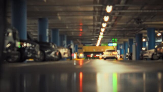 Vehicles drive through a dimly lit underground parking lot, looking for free parking spots. The atmosphere is busy as cars move cautiously, searching for their place