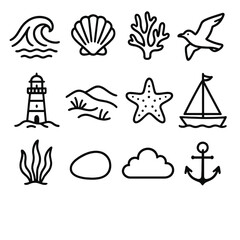 Fototapeta premium Coastal Icon Collection. Coastal Beauty linear icon set. wave, shell, coral, seagull, lighthouse, sand dune, starfish, sailboat, seaweed, pebble, cloud, anchor