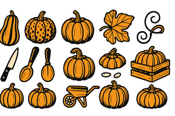 Variety of pumpkins and harvest tools arranged in a colorful harvest-themed design for autumn celebrations