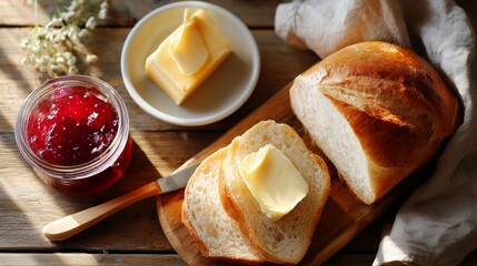 Freshly baked bread served with butter and jam on a wooden table in morning sunlight