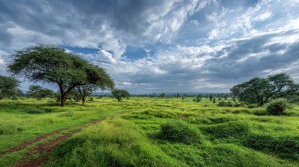 A vast, green grassland with scattered trees under a cloudy, dramatic sky