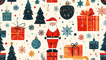 Festive Christmas Pattern with Santa Claus Trees Gifts and Snowflakes in Retro Flat Design.