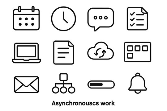 Asynchronous Work Icons. Asynchronous Work linear icon set. calendar, clock icon, message bubble, checklist, laptop, document file, cloud sync, task board, email icon, workflow