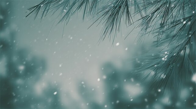 Digital art style blurred background of snow falling on pine tree branches, featuring a muted teal and gray color palette for a serene, ethereal winter nature scene.