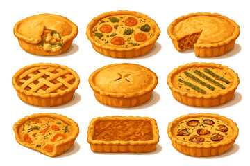 Variety of delicious pies displayed on a white background showcasing different flavors and designs