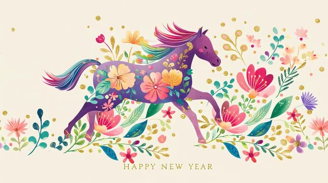 Cute horse print animation with light beige background, flat vector style, gold foil texture, colorful floral details, &ldquo;Happy New Year&rdquo; text, high-resolution Chinese New Year video backdrop.