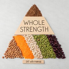 Healthy food composition forming a triangle with text