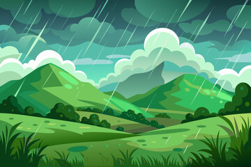 Green rolling hills and mountains under a stormy, rainy sky clouds