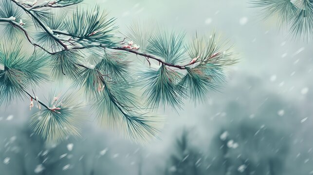 Digital art style blurred background of snow falling on pine tree branches, featuring a muted teal and gray color palette for a serene, ethereal winter nature scene.