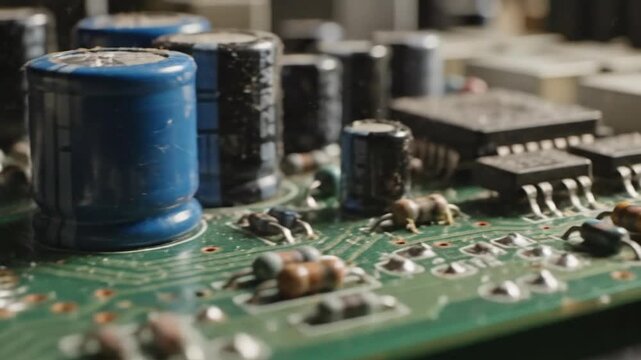 A close-up of a dusty, green circuit board with capacitors and chips, showing fine details