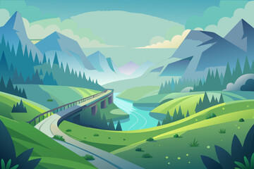 Mountain Landscape with River, Bridge, and Winding Road valley nature