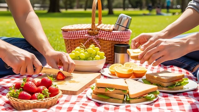 Picnic scene with food and people interacting - Powered by Adobe