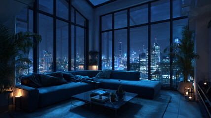 Fototapeta premium luxury penthouse interior with panoramic city skyline view at night