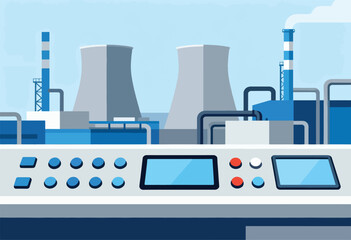 Stylized vector illustration of a power plant with smokestacks and control panel. Soft blue sky background