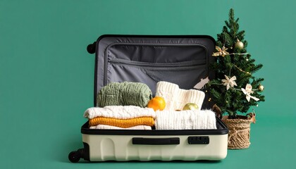 Open suitcase packed with warm clothes and a small decorated Christmas tree ready for holiday travel.