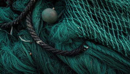 Close up of tangled green fishing nets and ropes with a buoy.