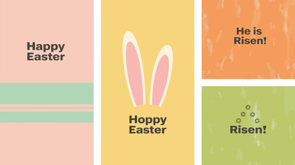 Happy easter and he is risen messages with bunny ears and floral accents on pastel backgrounds