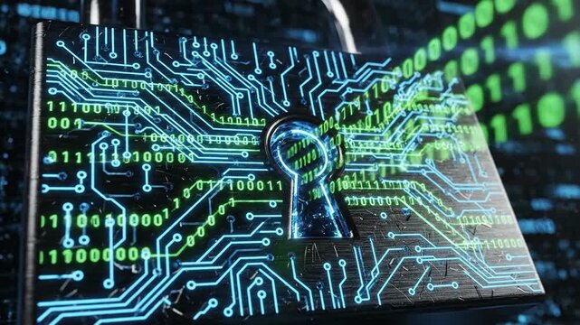 A close-up of a lock-shaped cutout overlaid with binary code and circuit board patterns