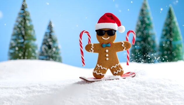 ginger bread man with sunglasses and Santa hat ready to snowboard
