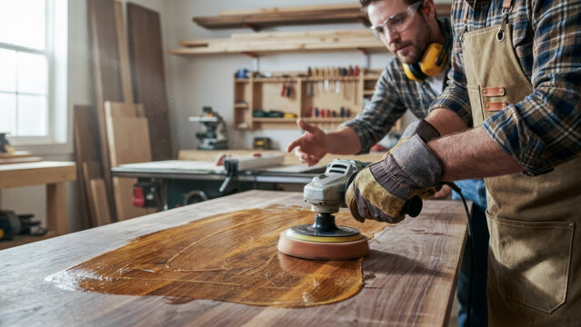 Two carpenters working together in a workshop, using a power sander to polish a wooden table surface.