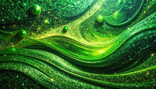 Vibrant green organic abstract background with luminous spheres and flowing energy.