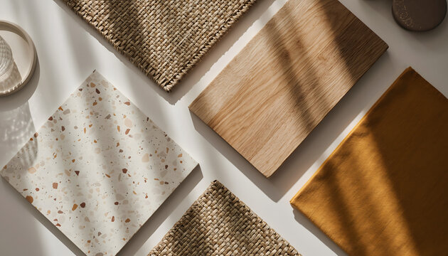 Flat lay composition of interior design samples including terrazzo, wood, woven textures, and yellow fabric.