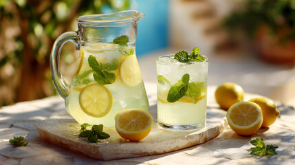 Ai refreshing lemonade with mint and lemon served in a sunny outdoor setting