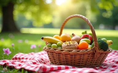 Public Garden Picnic Banner Featuring a Straw Basket Full of Delicious Food, Ideal for Family Party Invitations in a Summer City Park. High quality