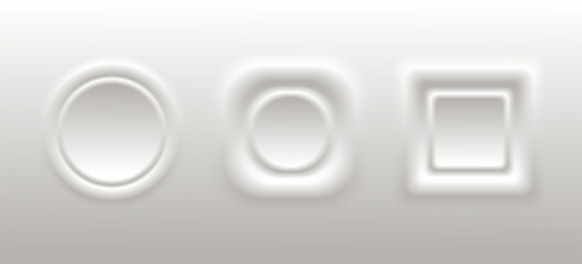 3D empty plastic buttons on white background. White square, round shapes with shadow, top view.