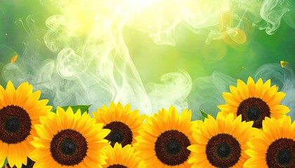 Bright Yellow Sunflowers Border with Ethereal Smoke and Sunlight.