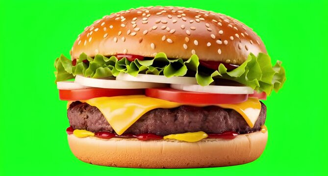 Tasty cheeseburger isolated on green screen or chroma key background