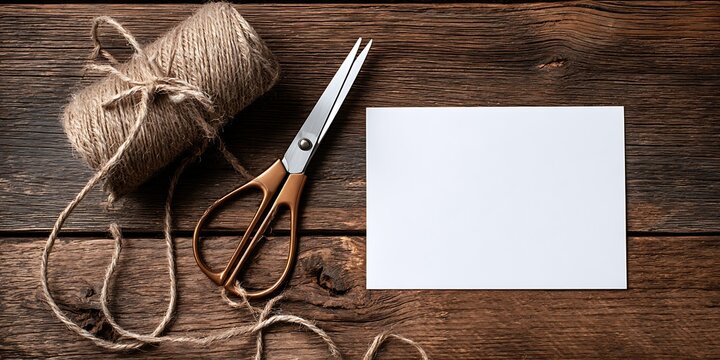 Blank card with scissors and twine on a rustic wooden surface