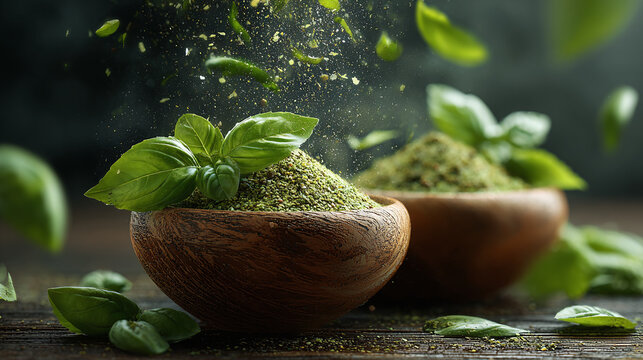 A culinary artistry captured, showcasing fresh basil leaves and a vibrant green powder delicately arranged in wooden bowls. An image of aromatic herbs that evoke freshness